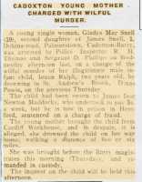 Report of the arrest of Gladys May Snell for infanticide. Barry Dock News 9th May 1919.