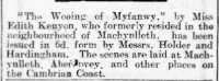 Publication of The Wooing of Myfanwy, 6d. Cambrian News 26th March 1915.
