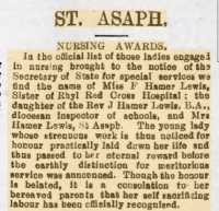 Nursing award for Flossie Hamer Lewis, Denbighshire Free Press 16th March 1918